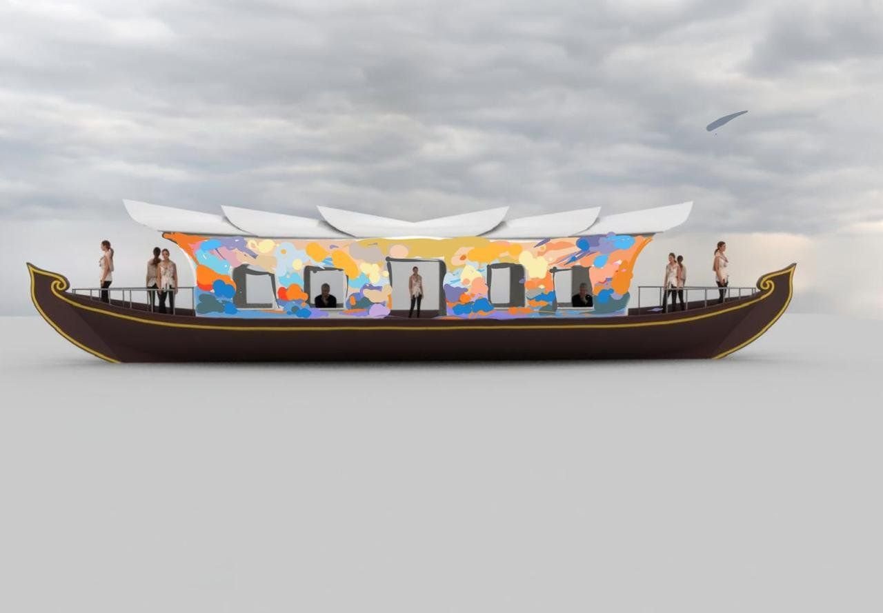 Design visualisation of The Grand Shikara: a long, low passenger vessel with a dark hull picked out in gold, upswept bow and stern, a brightly painted saloon and a roof of overlapping white petal forms.