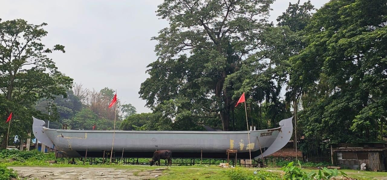 A grey-primed hull standing on its stocks under the trees at the yard, red marker flags along her sheer and a cow grazing in the shade beneath her.
