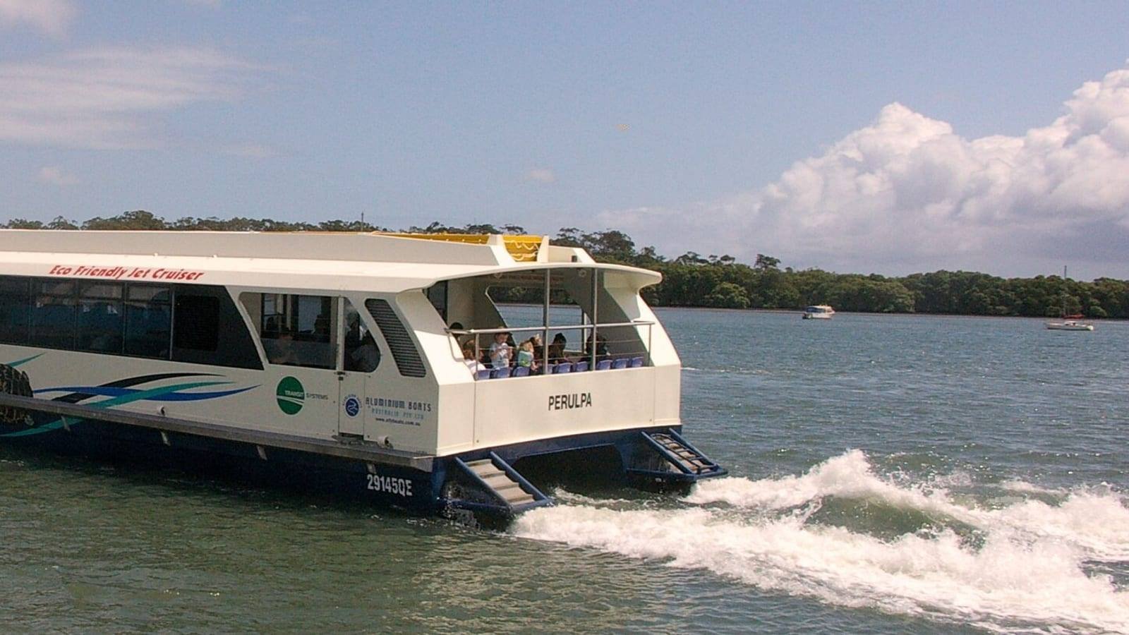 A modern catamaran water taxi under way close to a wooded shore, passengers visible on the open after deck, a low white hull throwing a small wake.
